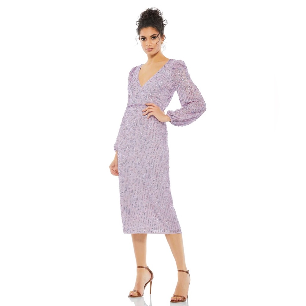 Mac Duggal Sequin Long Puff Sleeve Cocktail Midi in Lavender- NWT